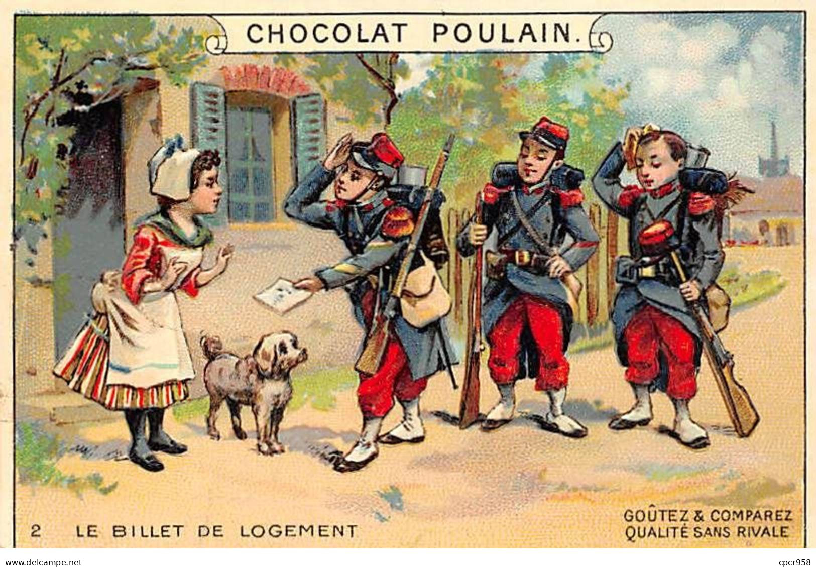 Chromos - COR14705 - Chocolat Poulain - Le Billet De Logement - Femme - Soldats - Chien - 10x7 Cm Environ - En L'état - Poulain
