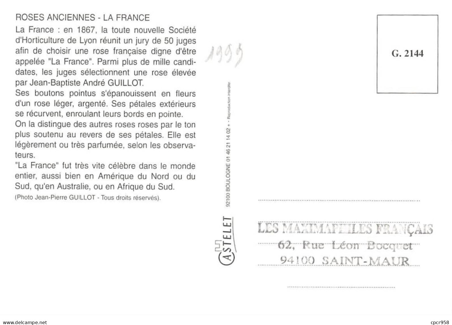 Carte Maximum - FRANCE - COR12857 - 28/05/1999 - Rose Ancienne - Cachet Lyon - 1990-1999