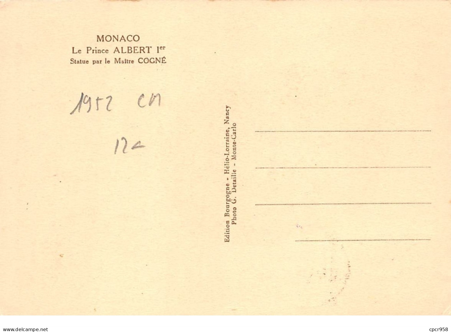 1952 . Carte Maximum . N°105605 .monaco.le Prince Albert 1er .cachet Monte Carlo . - Cartas Máxima