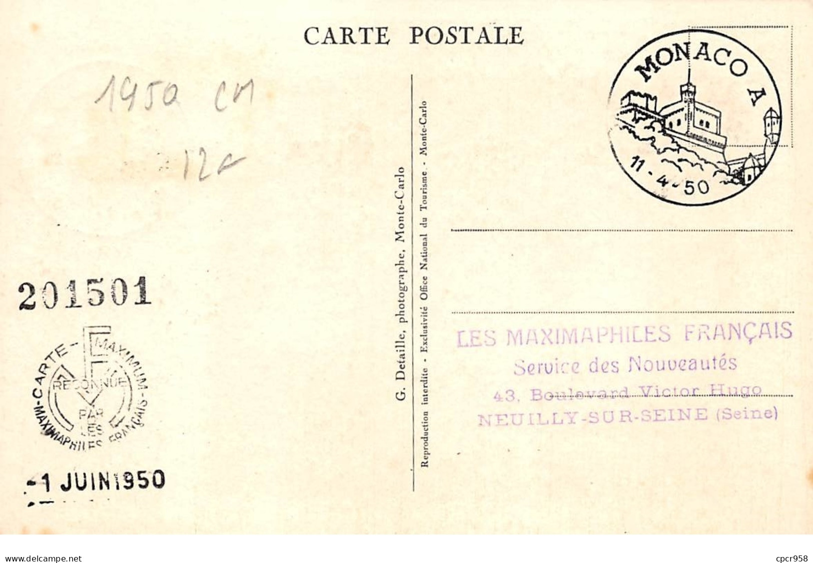 1950 . Carte Maximum .monaco. N°105604 .s A S Rainier III .cachet Monaco . - Cartes-Maximum (CM)