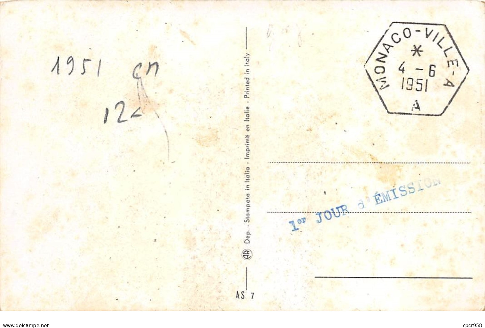 1951 . Carte Maximum .monaco. N°105592 .pivs XII Pont Max .cachet Monaco . - Maximum Cards