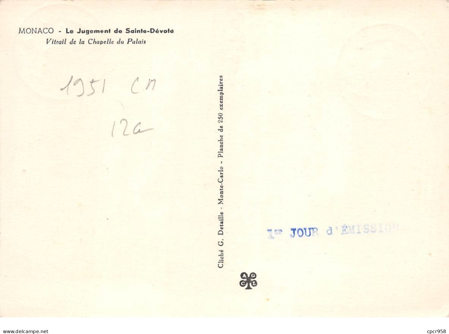 1951 . Carte Maximum . N°105606 .monaco.jugement De Sainte Devote .cachet Monaco . - Maximum Cards
