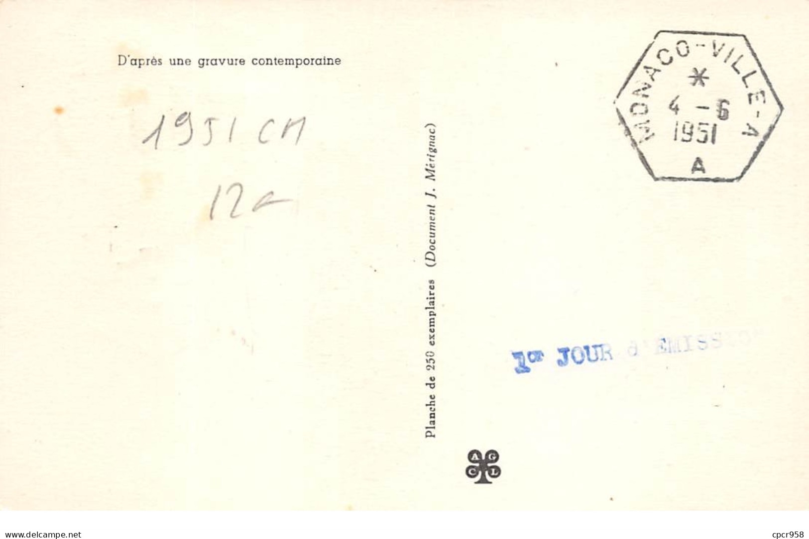1951 . Carte Maximum . N°105594.monaco. .st Vincent De Paul .cachet Monaco . - Cartes-Maximum (CM)
