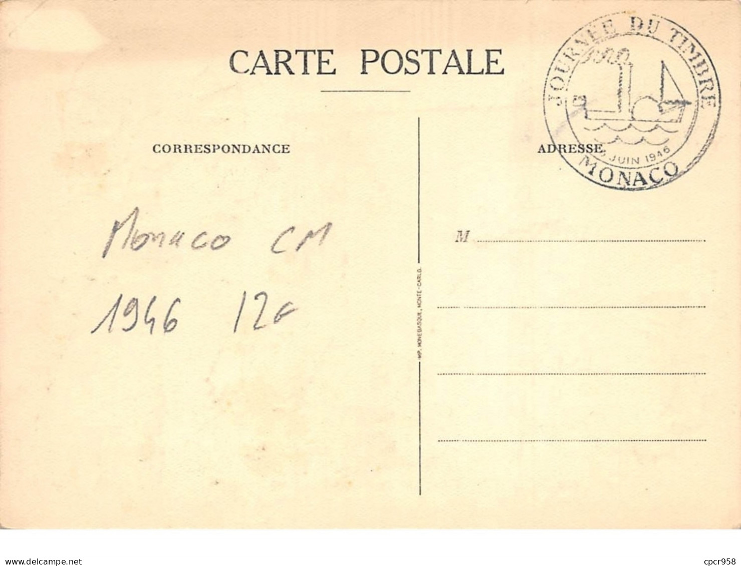 MONACO .CARTE MAXIMUM. N°207838. 1946. Cachet MONACO. Journée Du Timbre. Mer - Cartes-Maximum (CM)