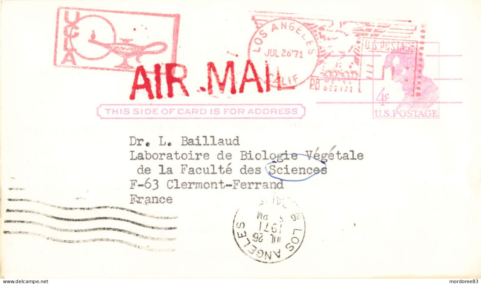 USA POSTAL CARD LINCOLD 4C LOS ANGELES 26/7/1971 FROM FRANCE - 1961-80