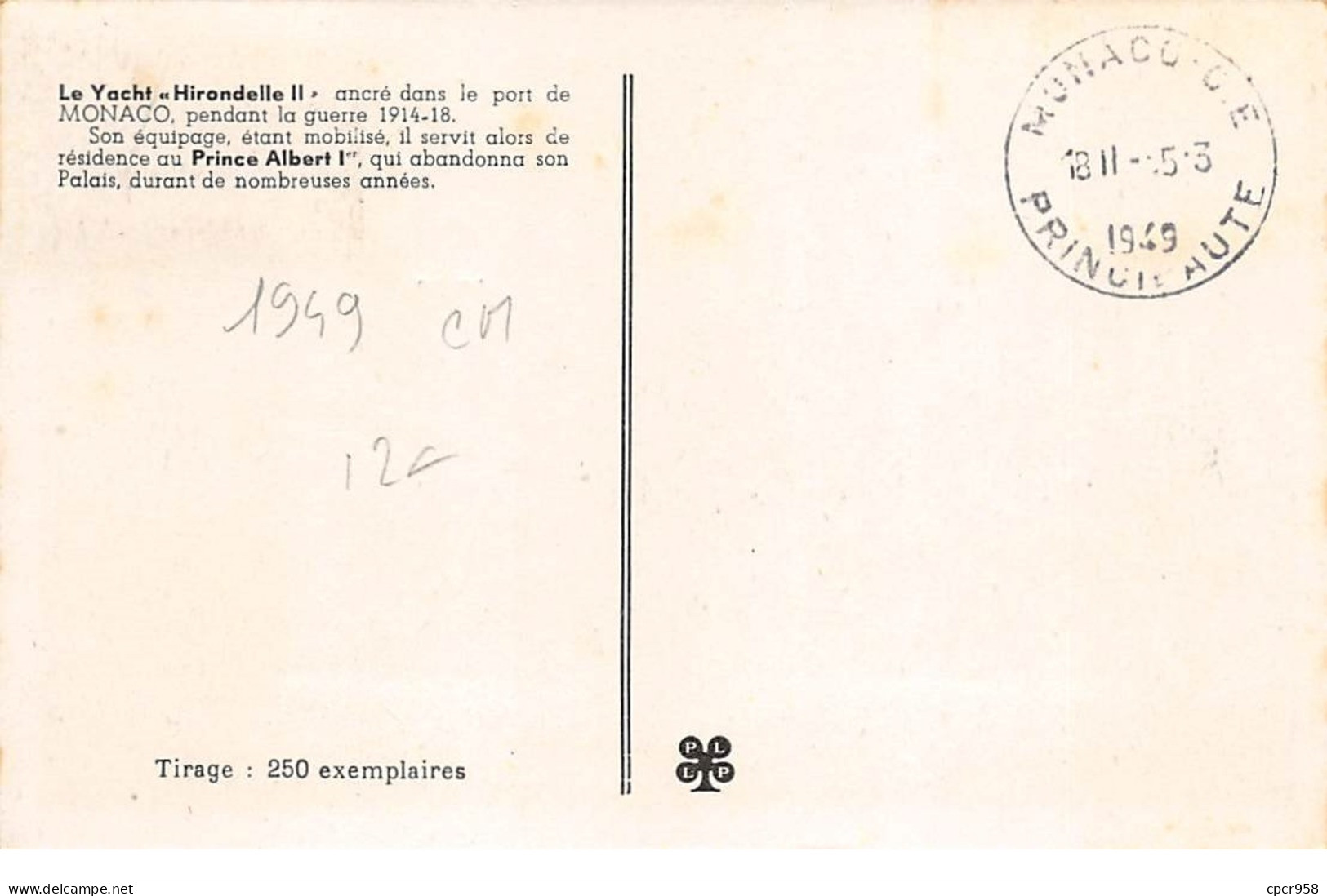 1949 . Carte Maximum . N°105561 .monaco.hirondelle II 1914 .cachet Monaco . - Cartes-Maximum (CM)