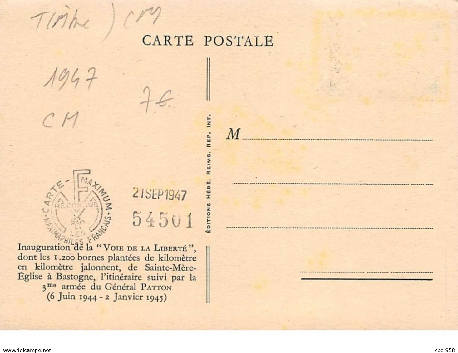 1947 .carte Maximum .france .102347 .voie De La Liberte .cachet Verdun . - 1940-1949