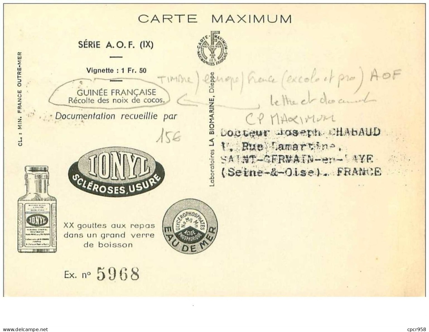 CARTE MAXIMUM.n°14958.GUINEE FRANCAISE.RECOLTE DES NOIX DE COCOS - Brieven En Documenten