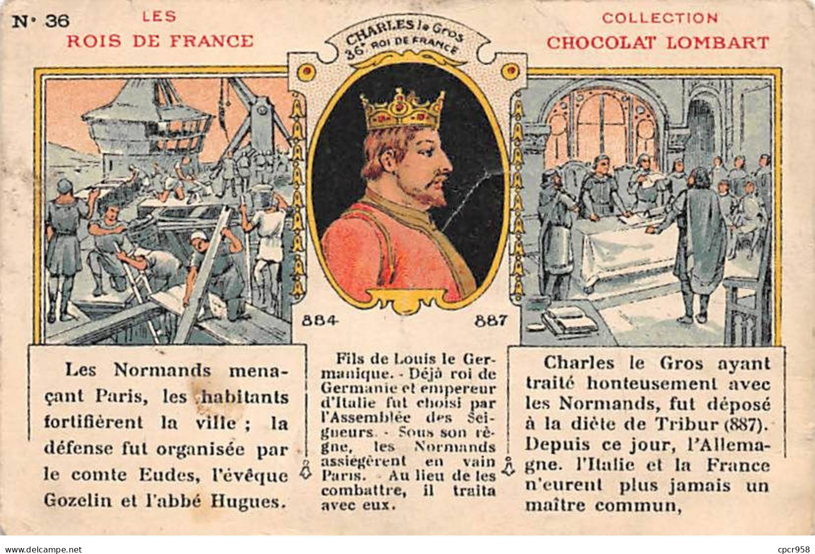 CHROMOS.AM23833.7x10 Cm Env.Chocolat Lombart.Les Rois De France.Charles Le Gros.36 Ième Roi - Lombart