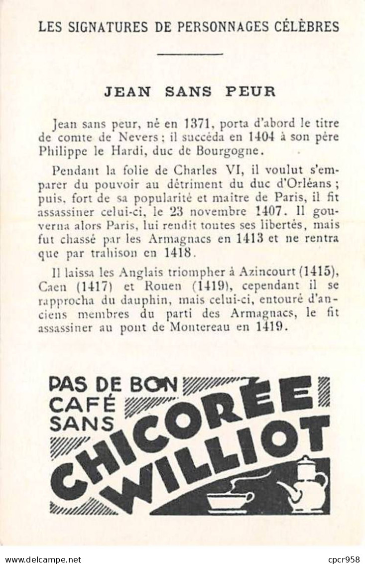 CHROMOS.AM23292.7x10 Cm Env.Chicorée Williot.Jean Sans Peur.Assasinat De Jean Sans Peur - Tea & Coffee Manufacturers