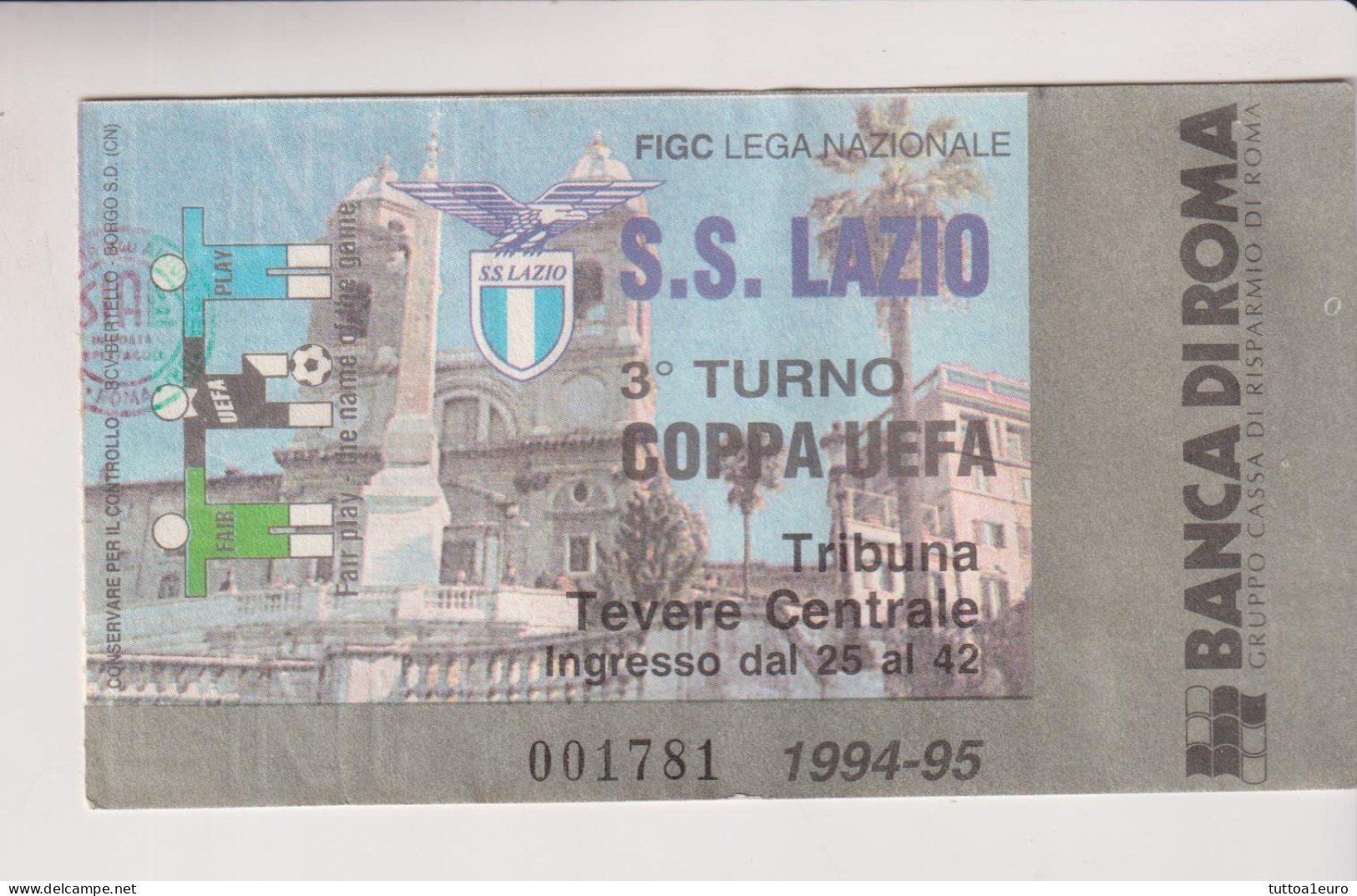 BIGLIETTO STADIO CALCIO COPPA UEFA  LAZIO  TRABZON  1994/1995 - Altri & Non Classificati