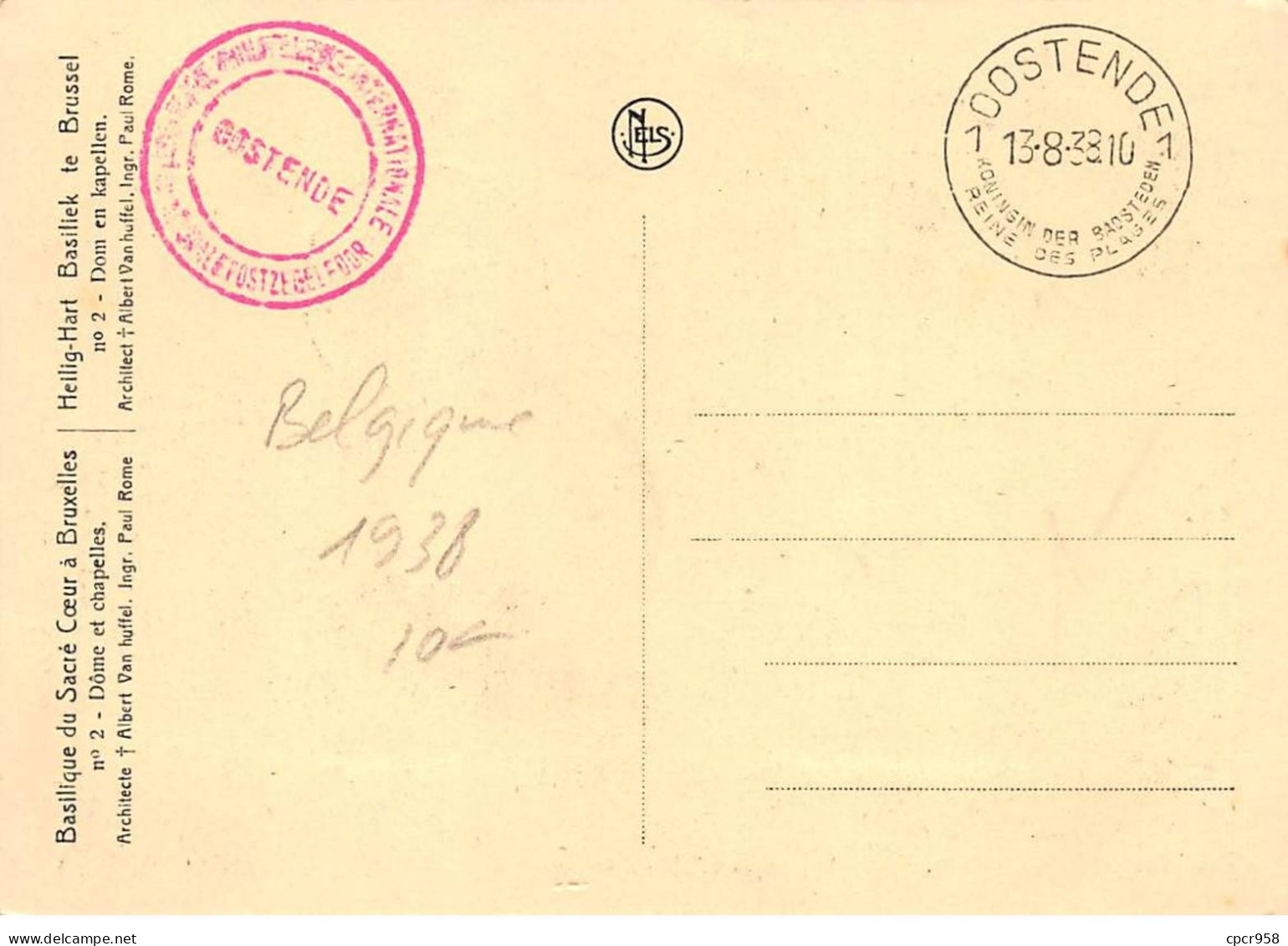 BELGIQUE.Carte Maximum.AM14083.1938.Cachet Oostende.Basilique Du Sacré Coeur à Bruxelles.N°2 Dôme Et Chapelles - Used Stamps