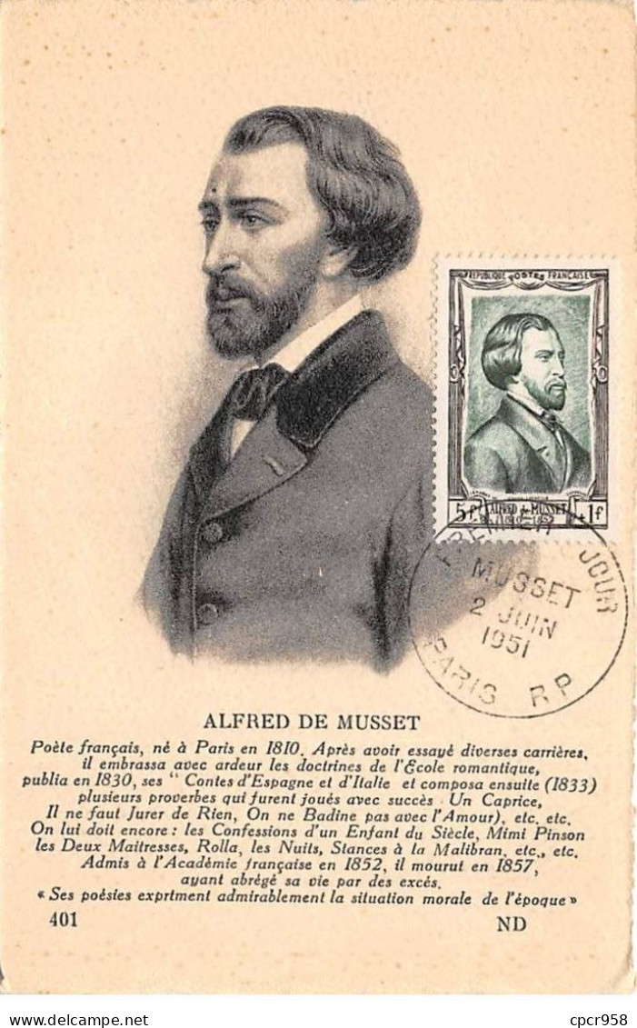 FRANCE.Carte Maximum.AM13774.02/06/1951.Cachet Paris.Alfred De Musset (1810-1857) - 1950-1959