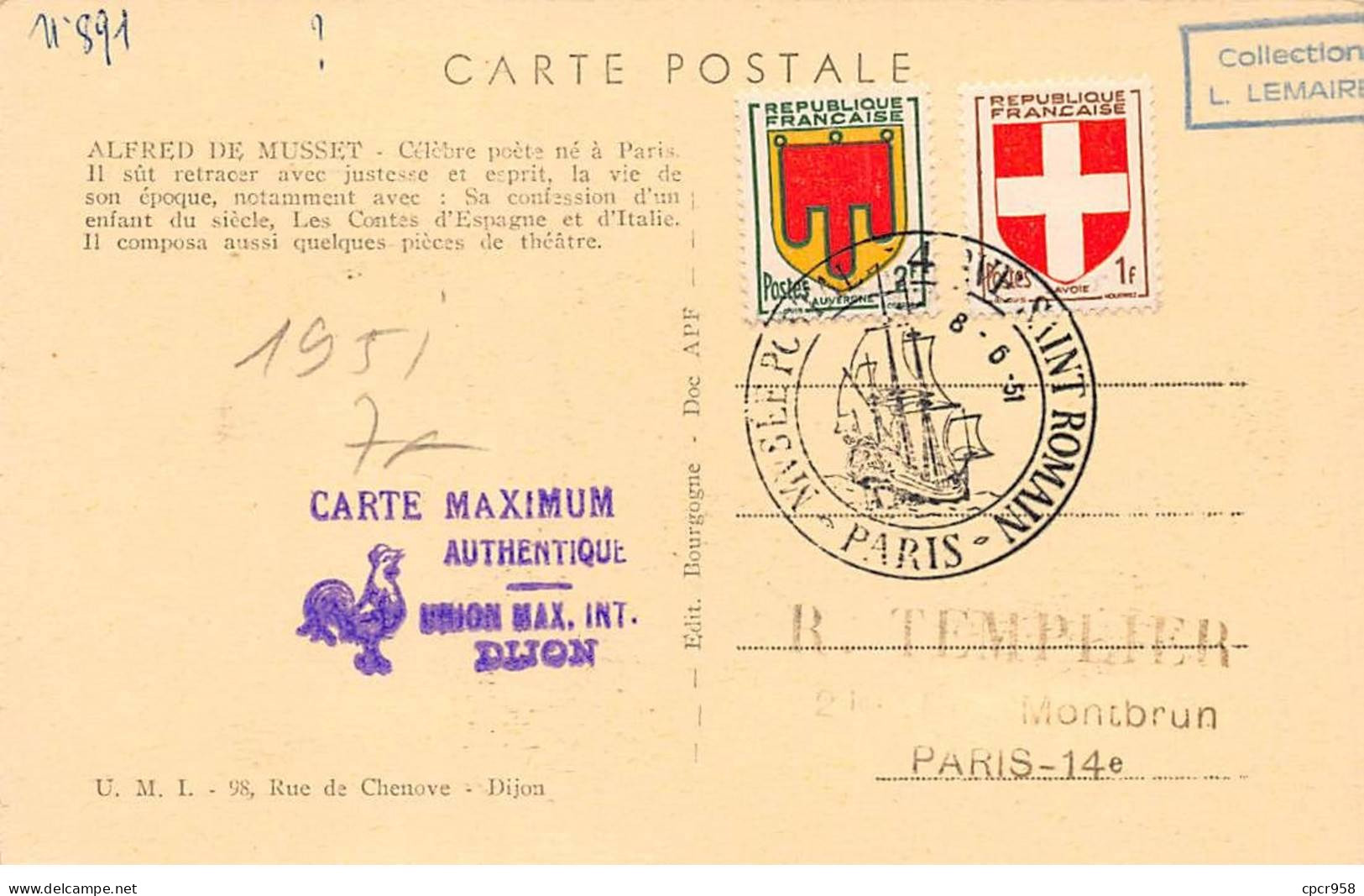 FRANCE.Carte Maximum.AM13759.08/06/1951.Cachet Paris.Alfred De Musset.1810-1857 - 1950-1959