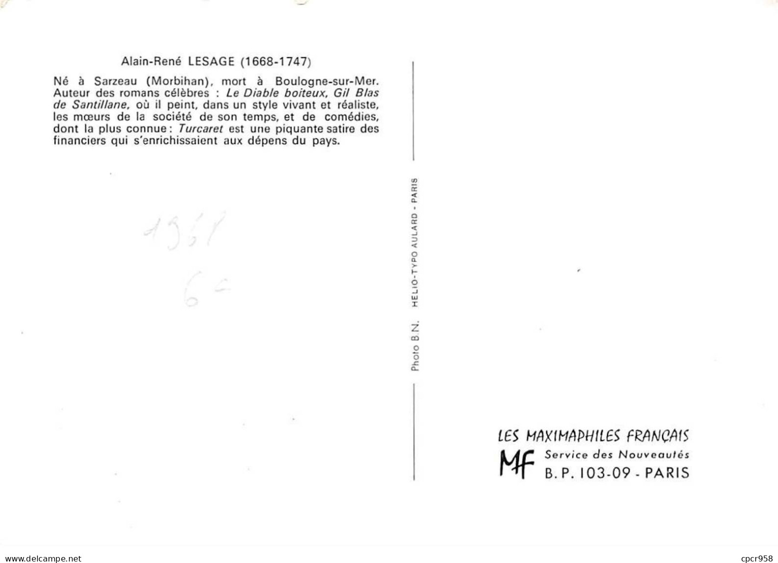 FRANCE.Carte Maximum.AM13946.04/05/1968.Cachet Sarzeau.Alain René Lesage - 1960-1969