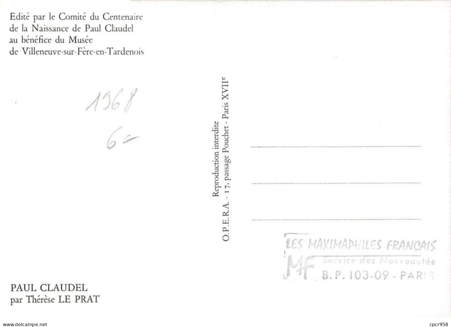 FRANCE.Carte Maximum.AM13943.06/07/1968.Cachet Villeneuve Sur Fere.Paul Claudel - 1960-1969
