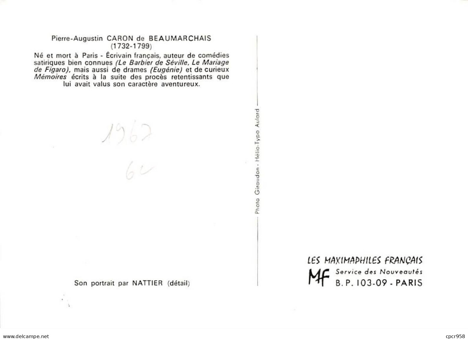 FRANCE.Carte Maximum.AM13940.04/02/1967.Cachet Paris.Beaumarchais (1732-1799) - 1960-1969