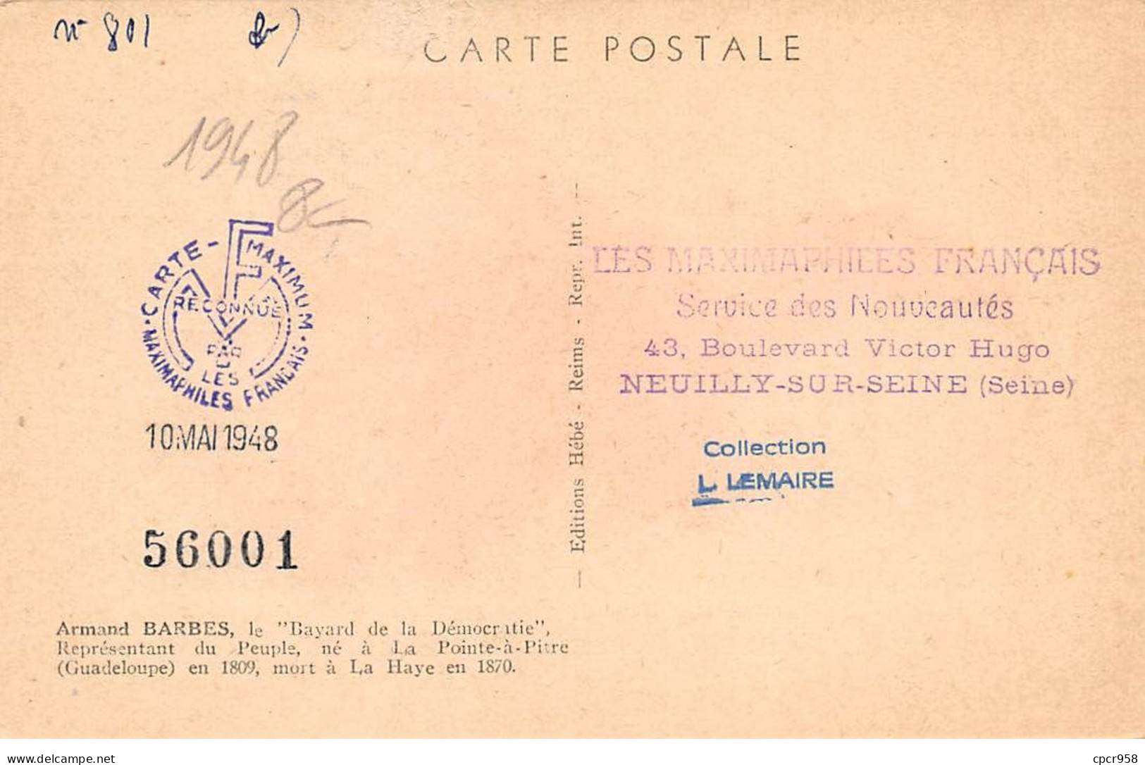 FRANCE.Carte Maximum.AM13741.09/05/1948.Cachet Paris.Armand Barbes (1809-1870) - 1940-1949