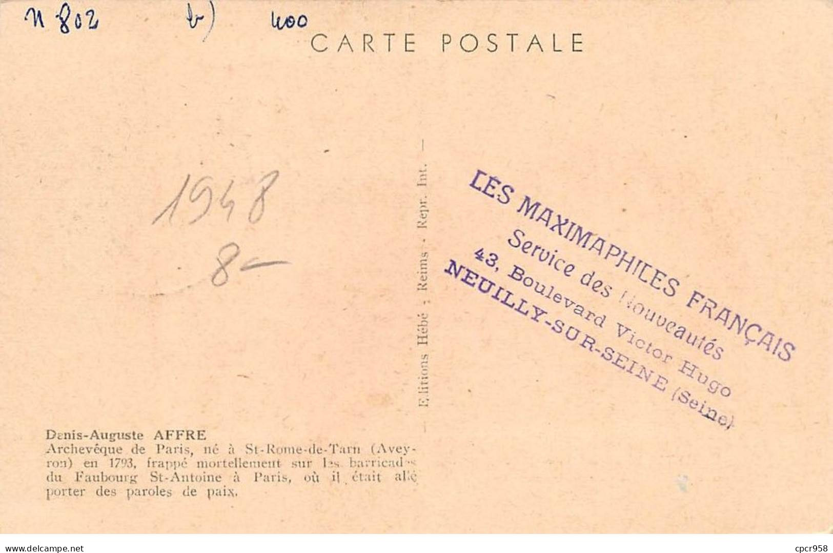 FRANCE.Carte Maximum.AM13734.09/05/1948.Cachet Paris.Monseigneur Denis-Auguste Affre - 1940-1949