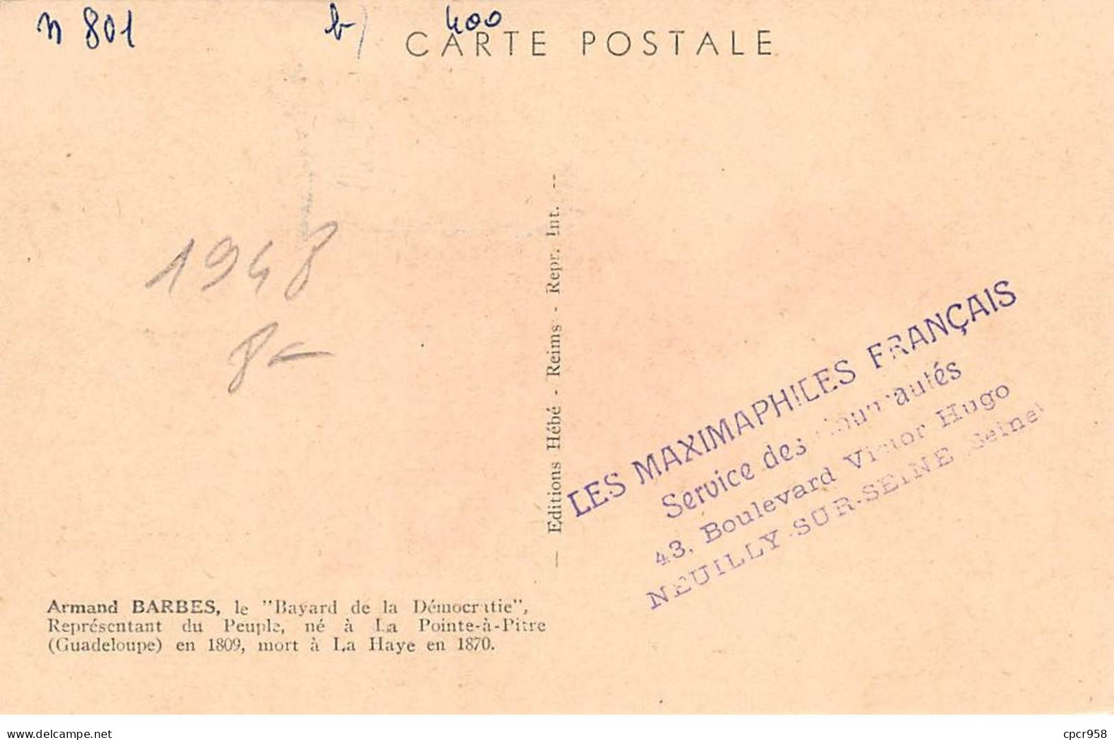 FRANCE.Carte Maximum.AM13737.09/05/1948.Cachet Paris.Armand Barbes (1809-1870) - 1940-1949