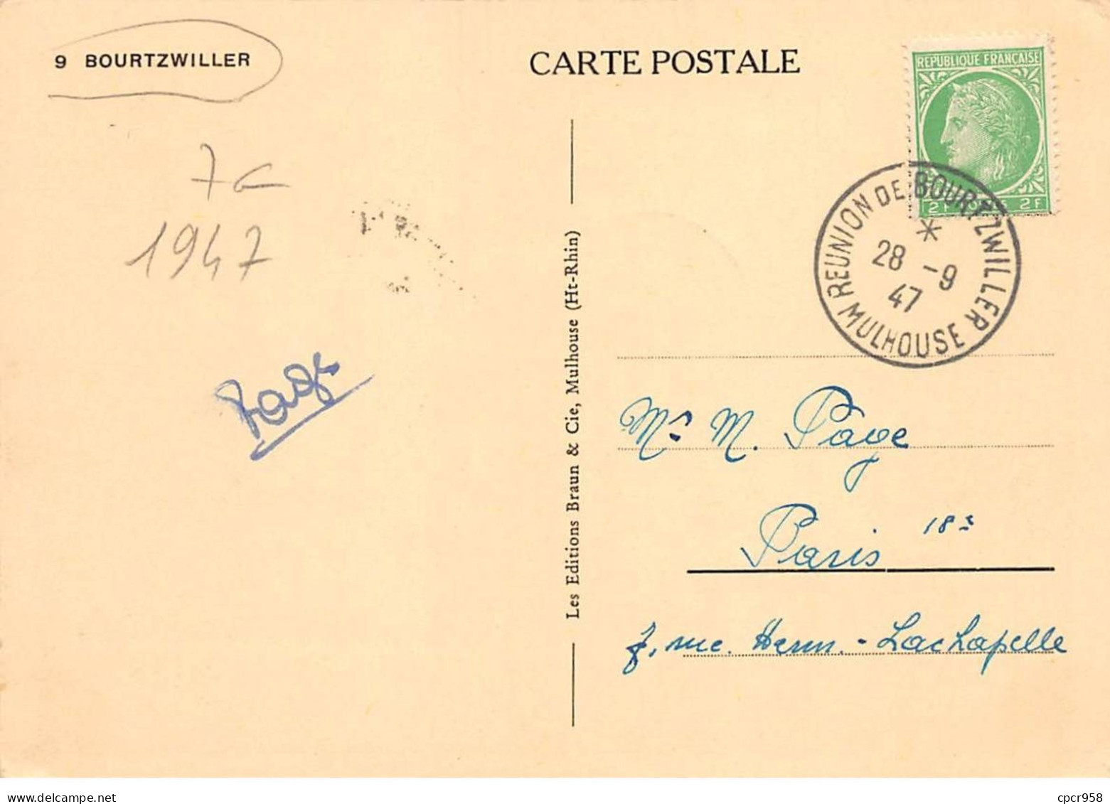 FRANCE.Carte Maximum.AM13726.29/09/1947.Cachet Mulhouse.Réunion De Bourtzwiller à Mulhouse - 1940-1949