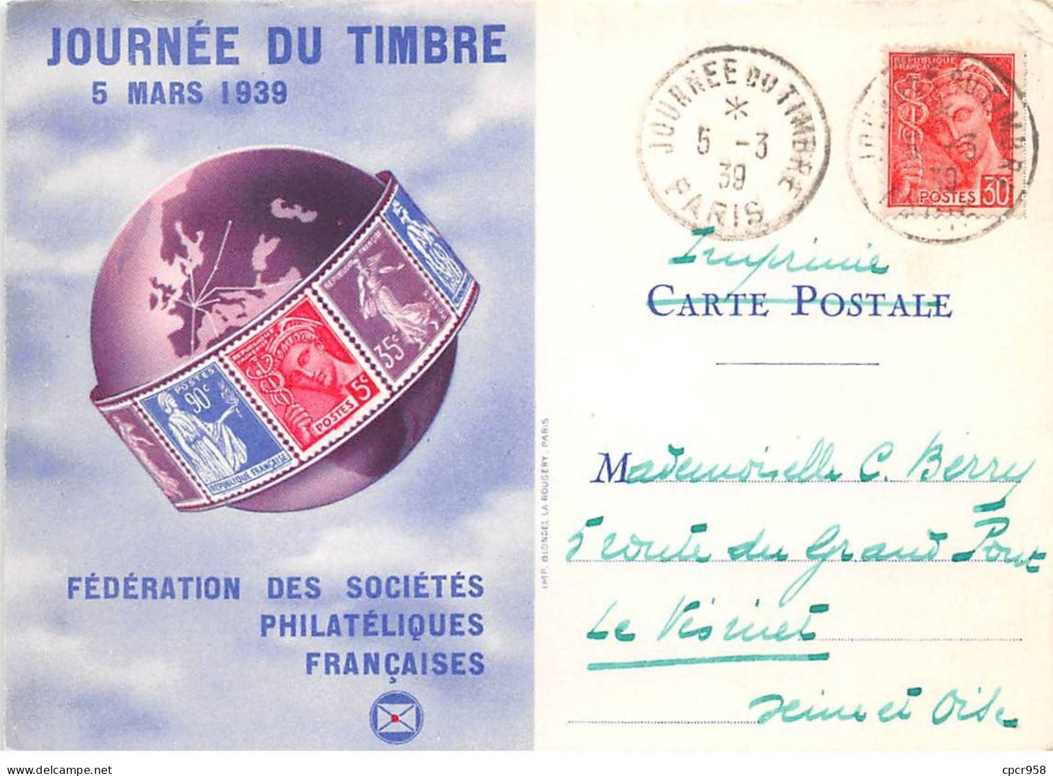 FRANCE.Carte Maximum.AM13698.05/03/1939.Cachet Paris.Journée Du Timbre - 1930-1939