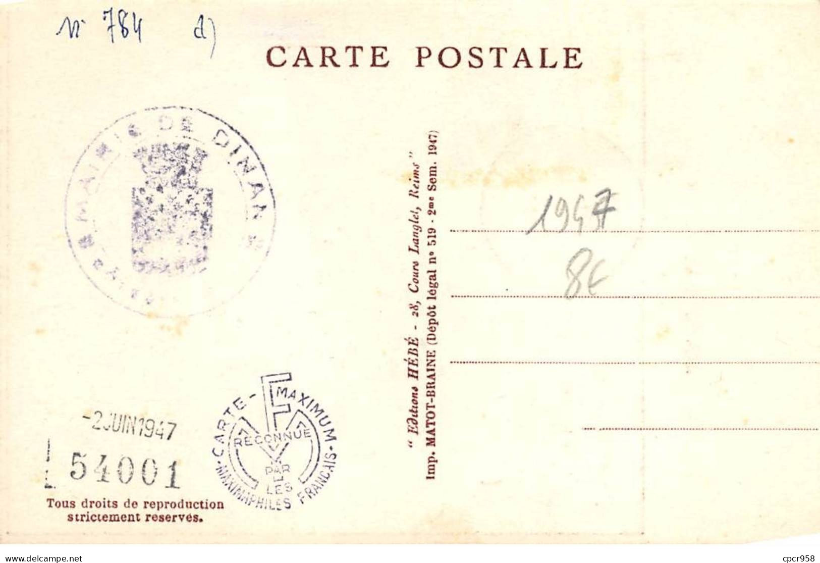 FRANCE.Carte Maximum.AM13732.01/06/1947.Cachet Dinan.Auguste Pavie (1847-1925) - 1940-1949