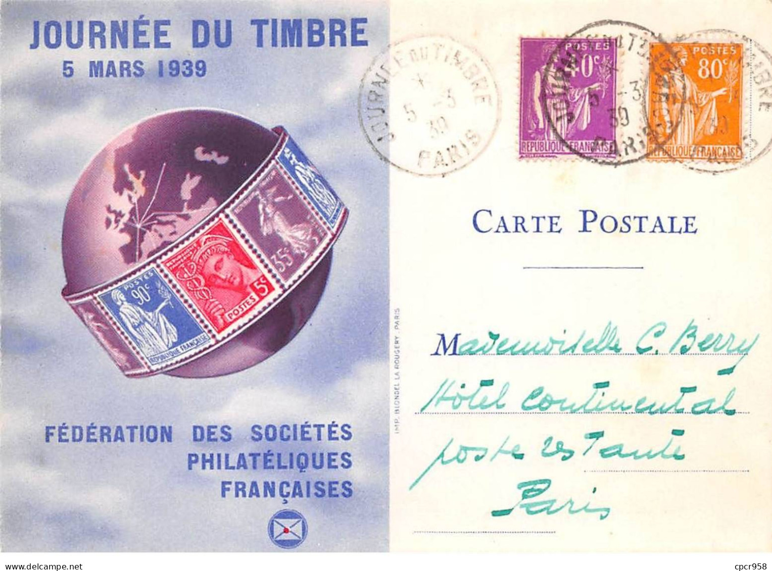 FRANCE.Carte Maximum.AM13697.05/03/1939.Cachet Paris.Journée Du Timbre - 1930-1939