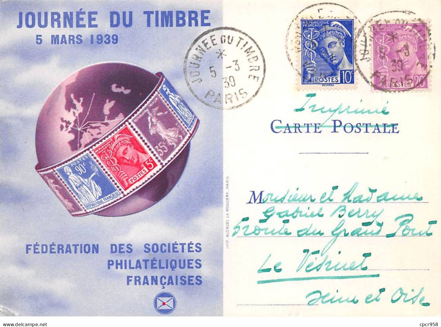FRANCE.Carte Maximum.AM13699.05/03/1939.Cachet Paris.Journée Du Timbre - 1930-1939
