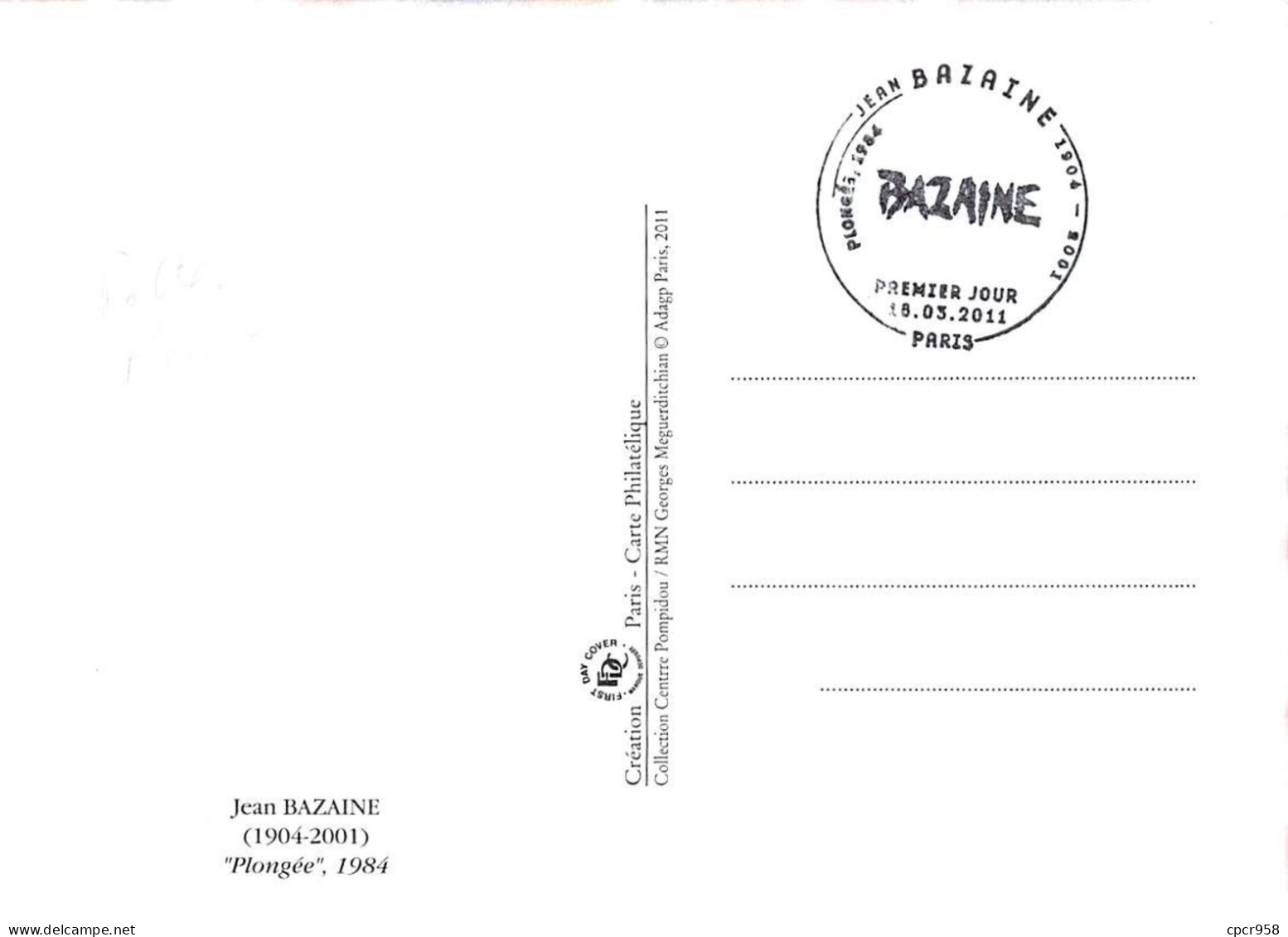 FRANCE.Carte Maximum.AM12072.18/03/2011.Cachet Paris.Jean Bazaine.Plongée.1984.Signé - 2010-2019