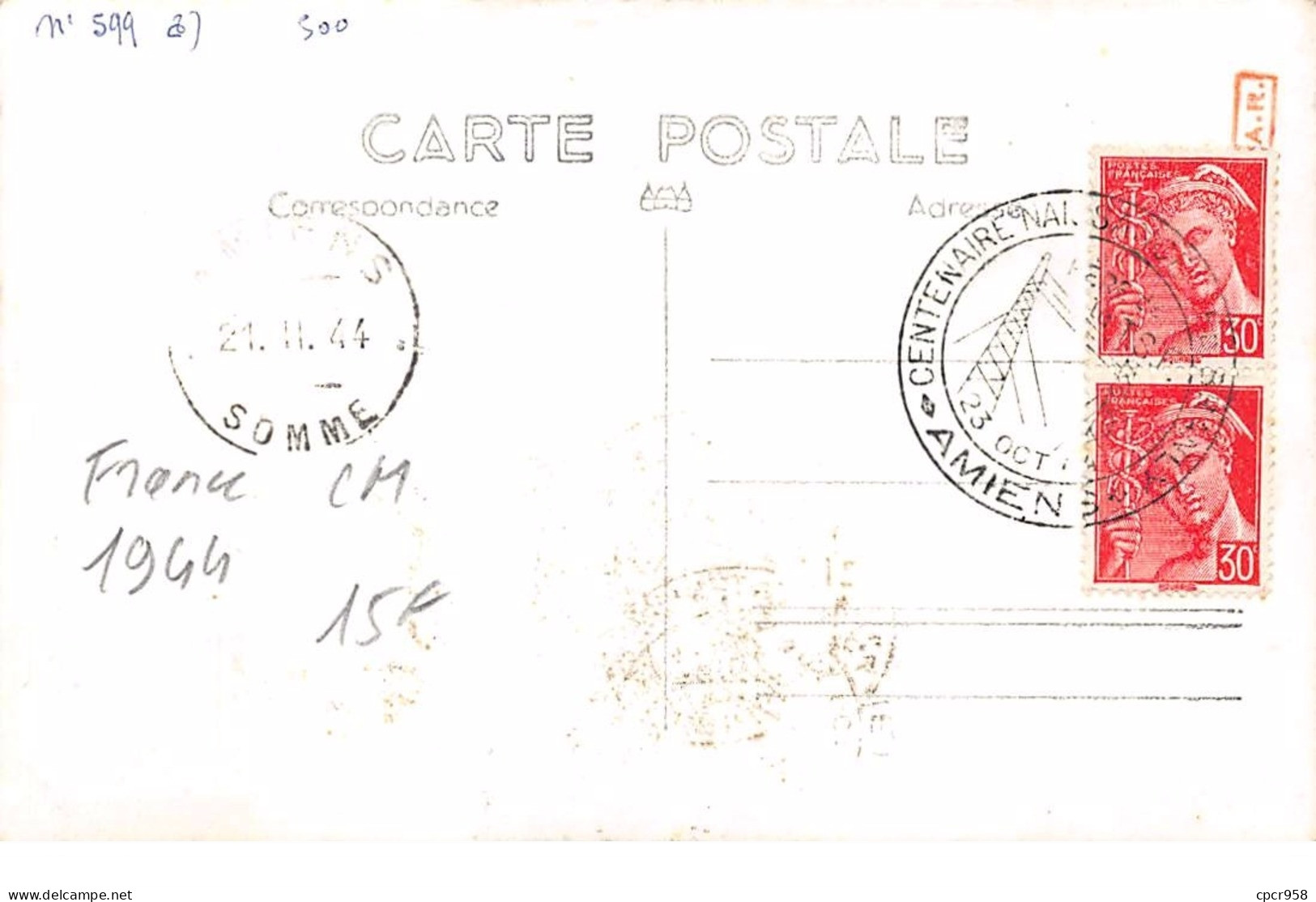 FRANCE .CARTE MAXIMUM. N°207882. 1944. Cachet Amiens. Centenaire Naissance Branly - 1940-1949