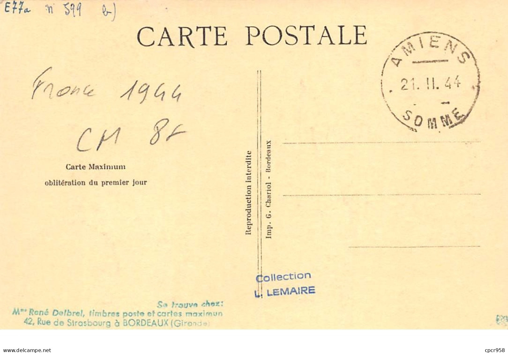 FRANCE .CARTE MAXIMUM. N°207880. 1944. Cachet Somme. Amiens. Branly - 1940-1949
