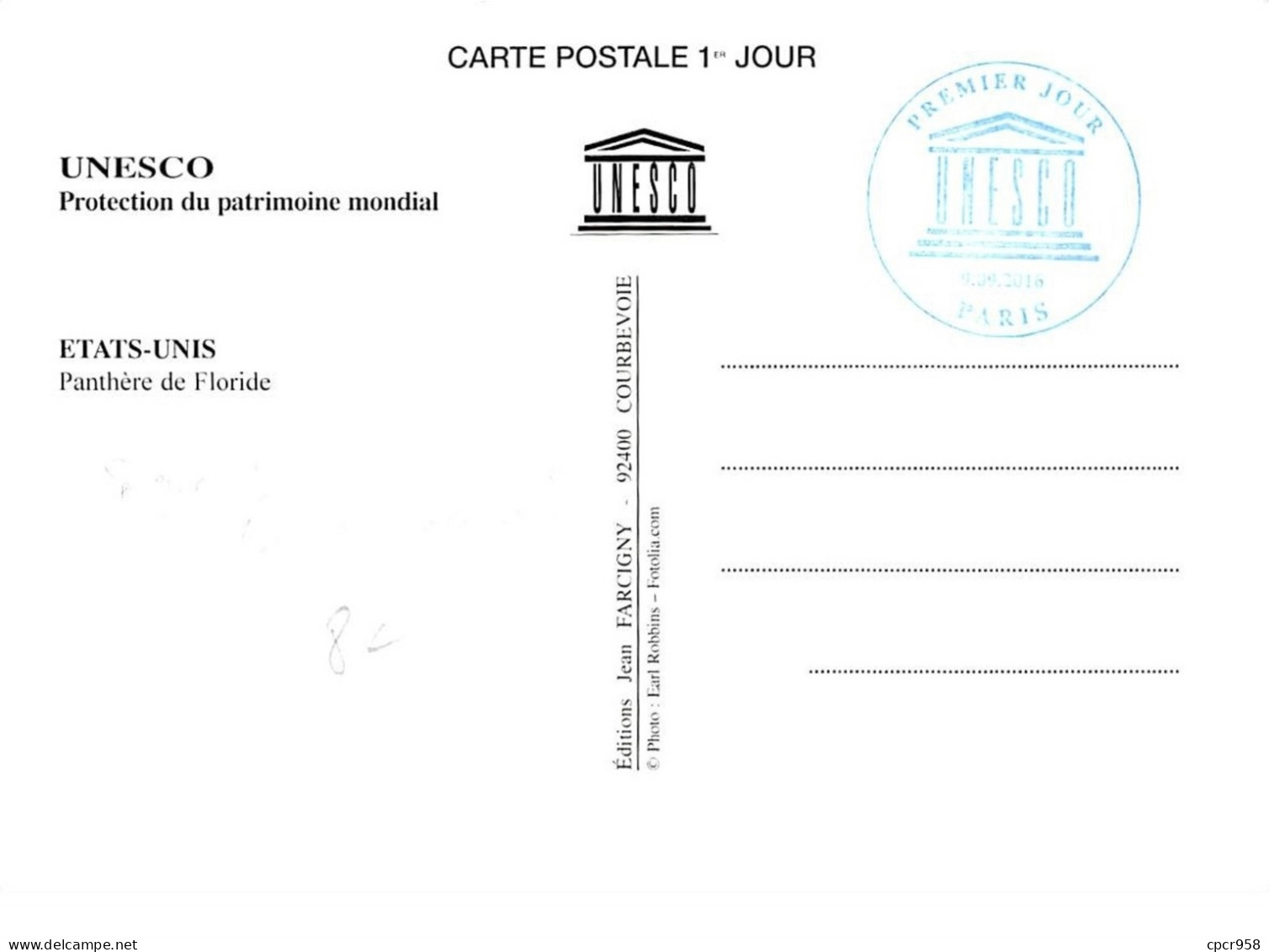 FRANCE.CARTE MAXIMUM. N°207663. 9/9/2016. Cachet Paris. UNESCO. Panthere De Floride. Signé Besser - 2010-2019