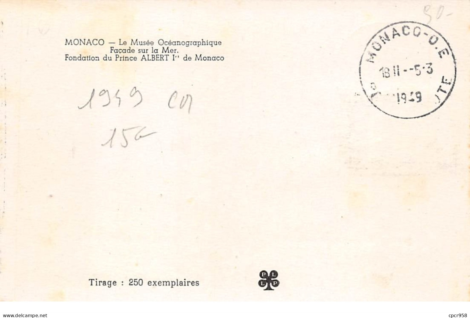 1949 . Carte Maximum . N°105584 .monaco.musee Oceanographique .cachet Monaco . - Cartes-Maximum (CM)