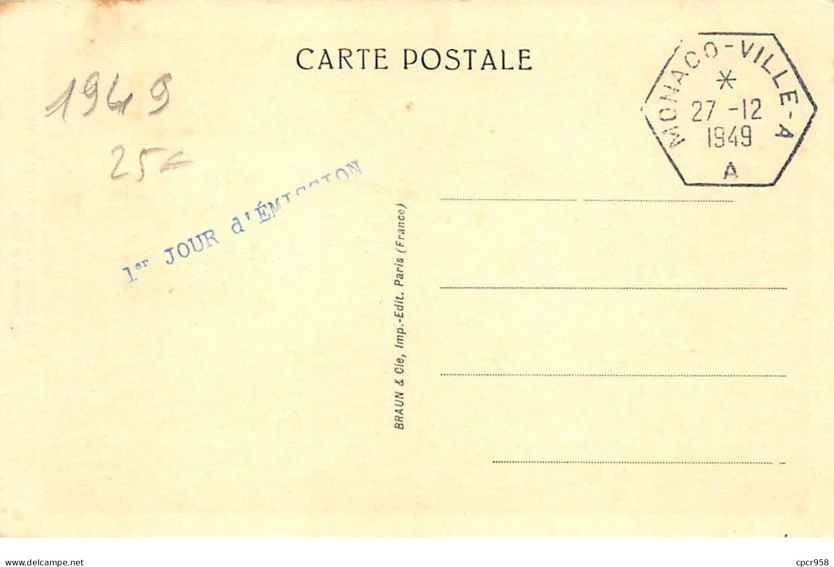 1949 . Carte Maximum . N°105574 .monaco.princesse Charlotte .croix Rouge .cachet Monaco . - Cartas Máxima