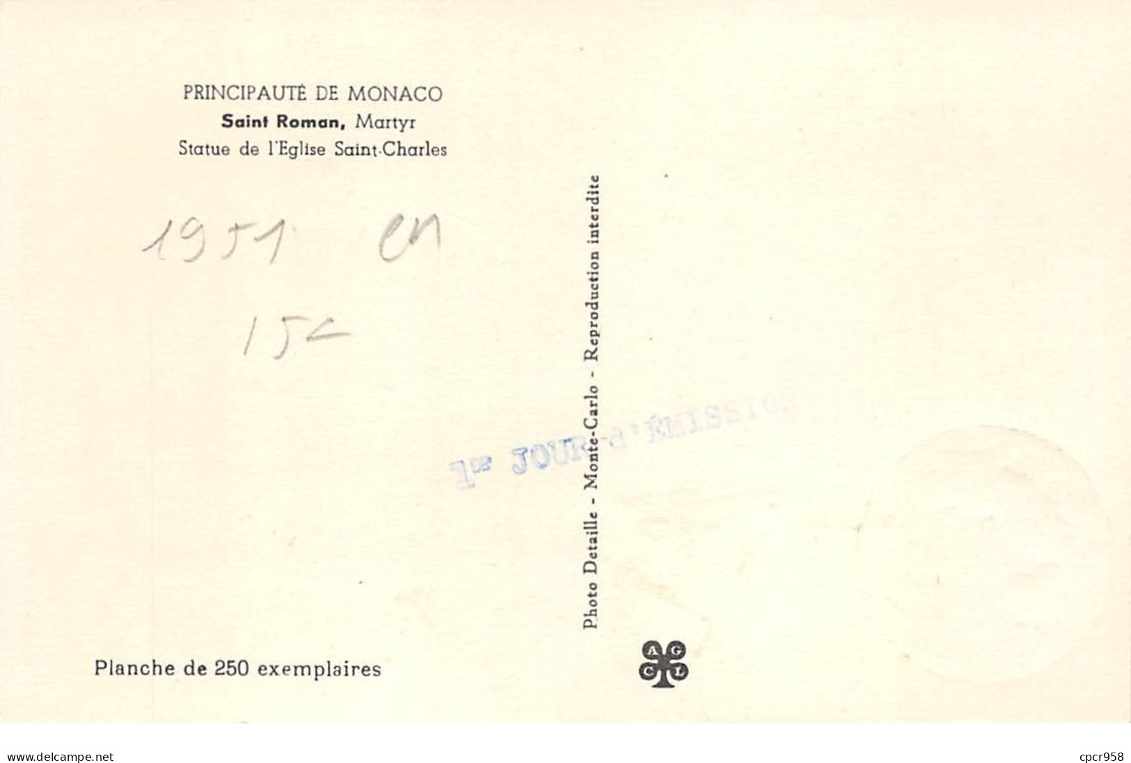 1951 . Carte Maximum . N°105586 .monaco.saint Roman .cachet Monaco . - Maximumkaarten