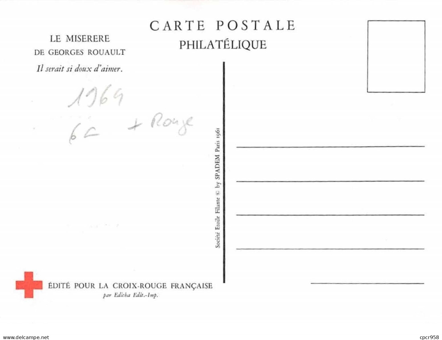 1964 .carte Maximum .france .102483 . La Miserere .la Croix Rouge .cachet Bourges . - 1960-1969