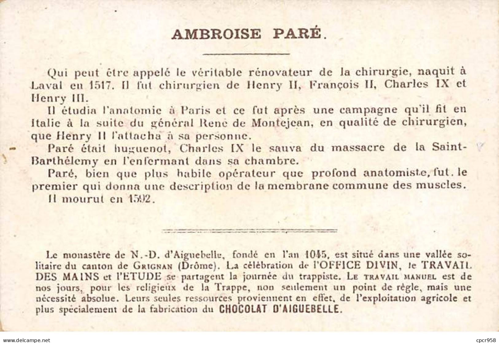 Chromos -COR12290 - Chocolaterie D'Aiguebelle - Ambroise Paré - Hommes - 7x10cm Env. - Aiguebelle