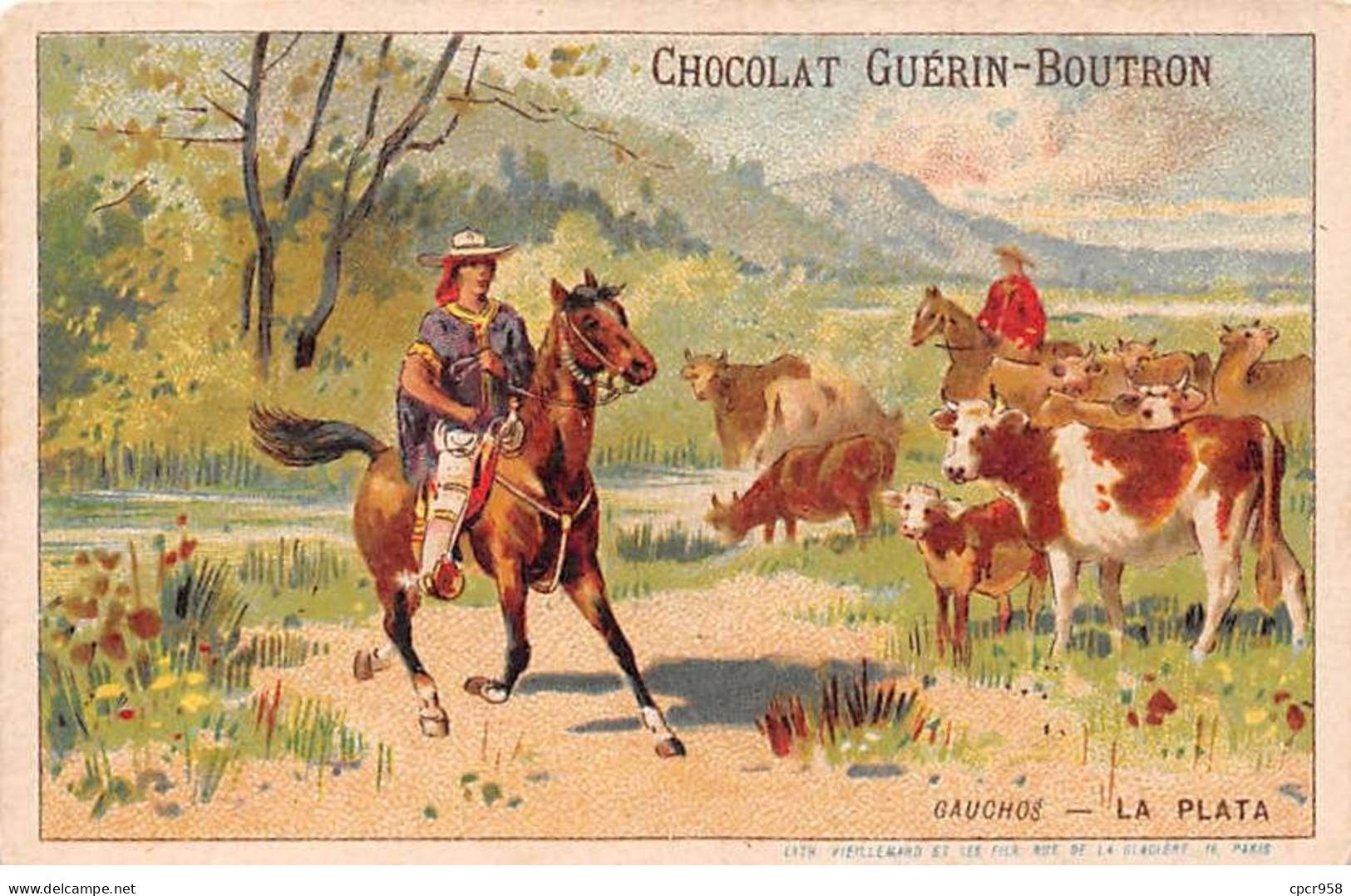 Chromos -COR12273 - Chocolat Guérin-Boutron - La Plata - Hommes - Cheval - Vaches - 7x10cm Env. - Guerin Boutron