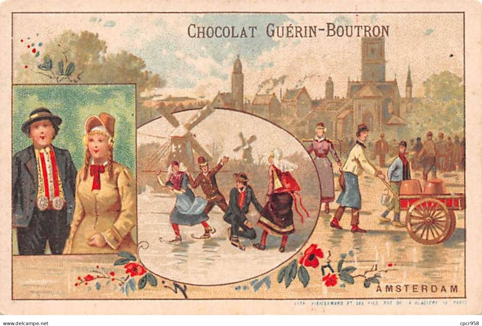 Chromos -COR12254 - Chocolat Guérin-Boutron - Amsterdam - Moulin - Eglise - Hommes - Femmes - 7x10cm Env. - Guerin Boutron
