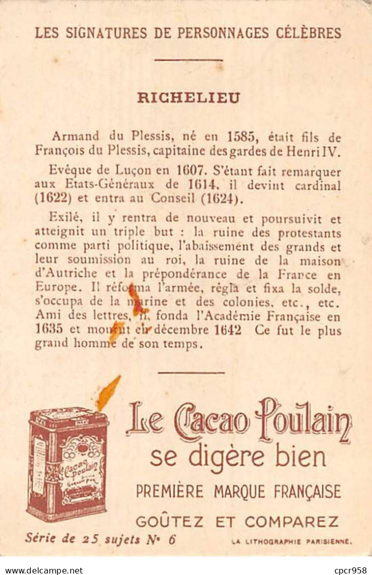 Chromos -COR10296 -Chocolat Poulain Orange- Les Signatures De Personnages Célèbres - Richelieu- 7x10 Cm Environ - Poulain