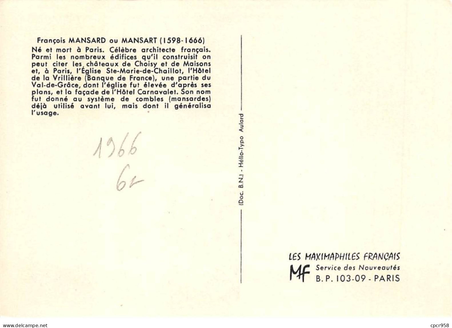 FRANCE.Carte Maximum.AM13929.12/02/1966.Cachet Paris.François Mansard (1598-1666).Architecte - 1960-1969