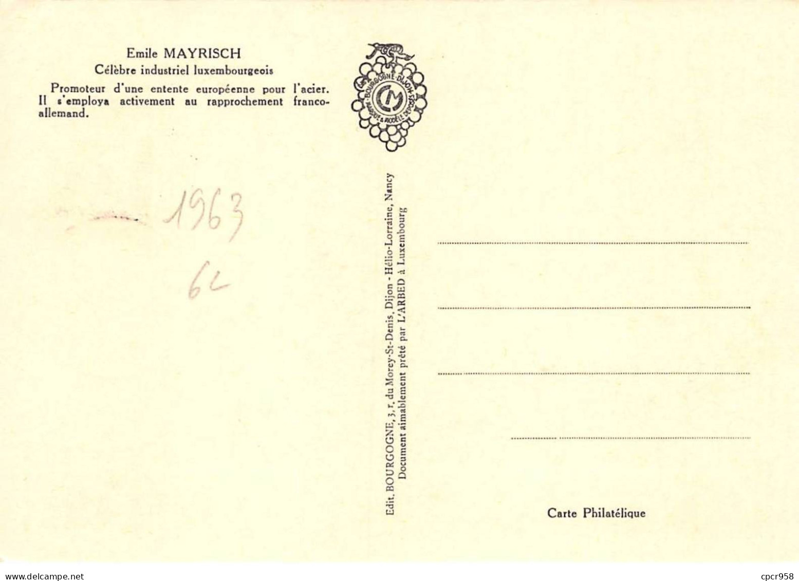 FRANCE.Carte Maximum.AM13915.27/04/1963.Cachet Paris.Emile Mayrisch.Industriel Luxembourgeois - 1960-1969