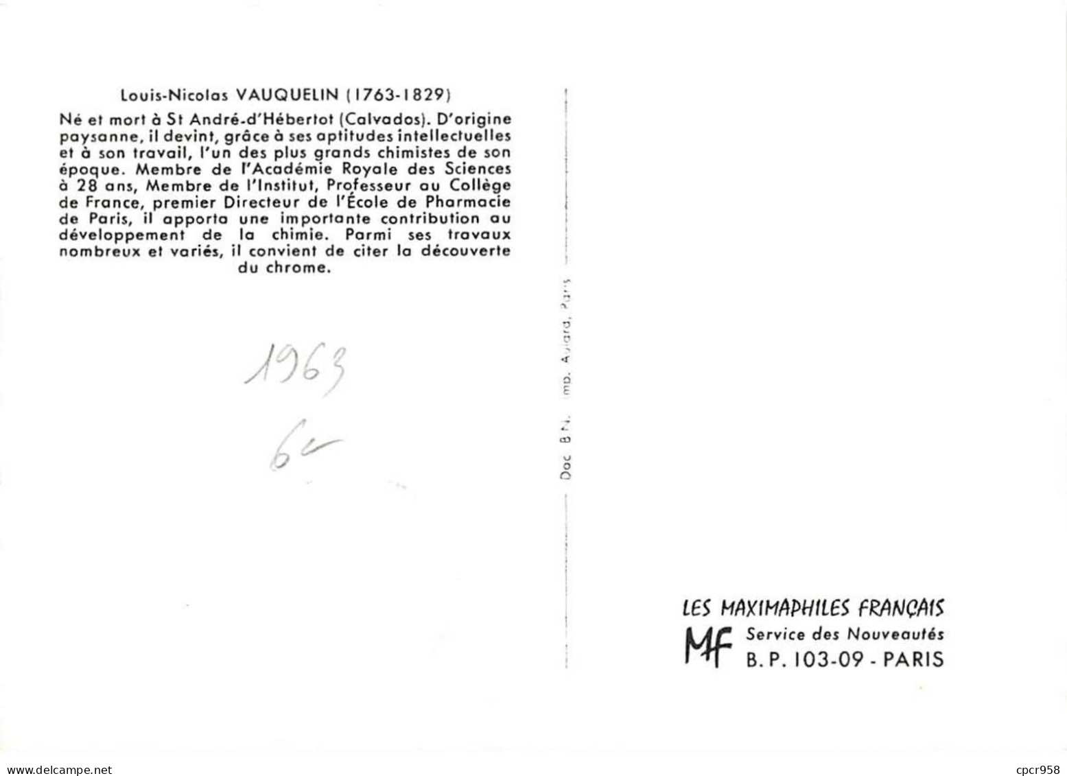 FRANCE.Carte Maximum.AM13907.25/05/1963.Cachet Saint-André D'Hebertot.Nicolas-Louis Vauquelin - 1960-1969