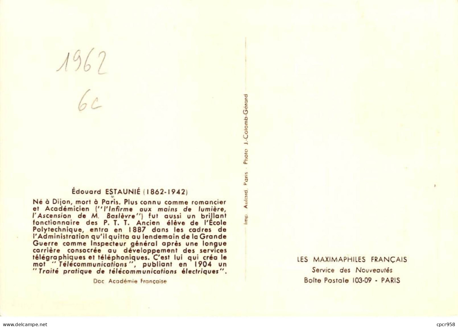 FRANCE.Carte Maximum.AM13903.02/06/1962.Cachet Dijon.Edouard Estaunié (1862-1942) - 1960-1969