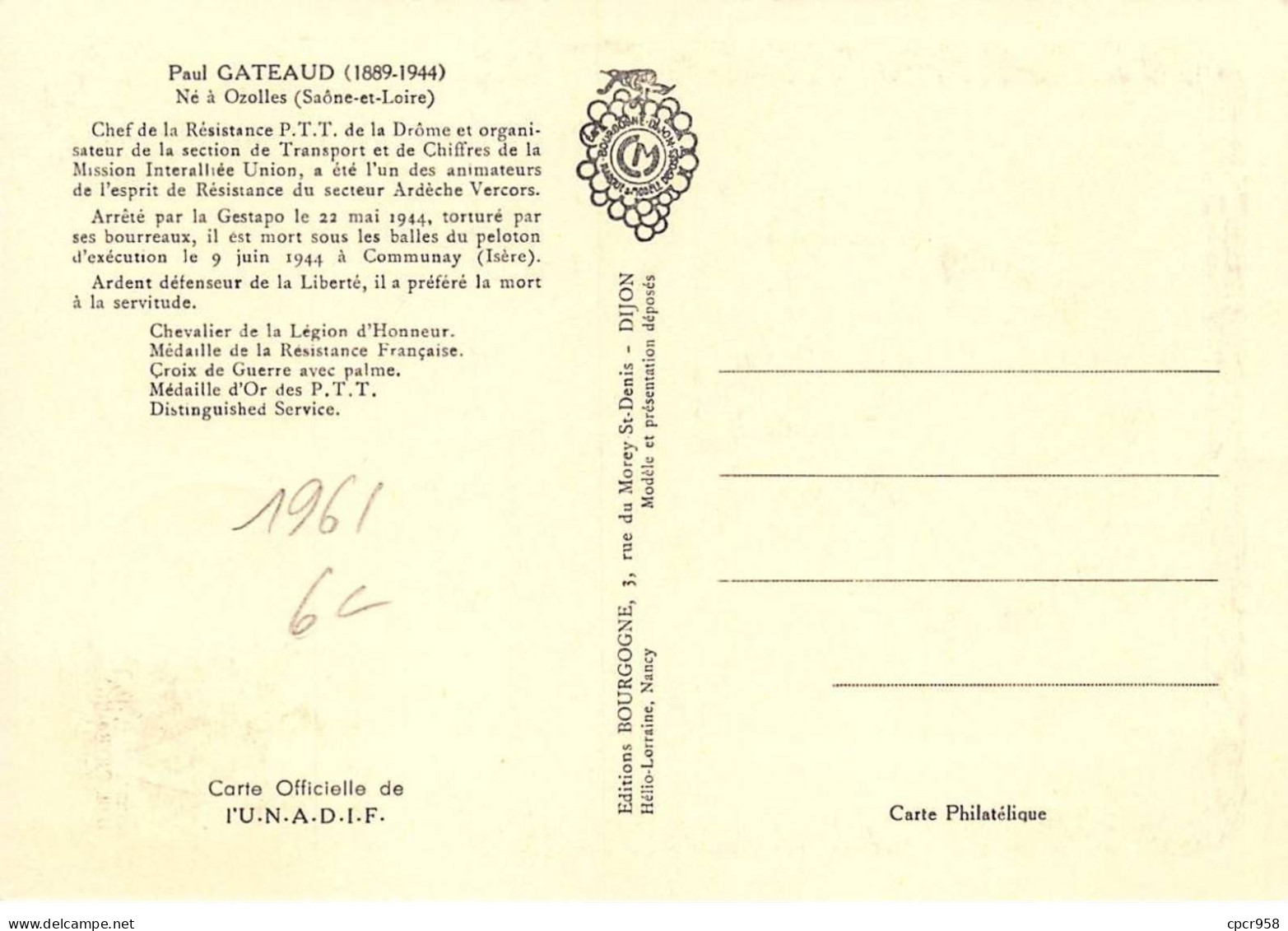 FRANCE.Carte Maximum.AM13890.22/04/1961.Cachet Ozolles.Paul Gateaud (1889-1944).Résistance PTT - 1960-1969