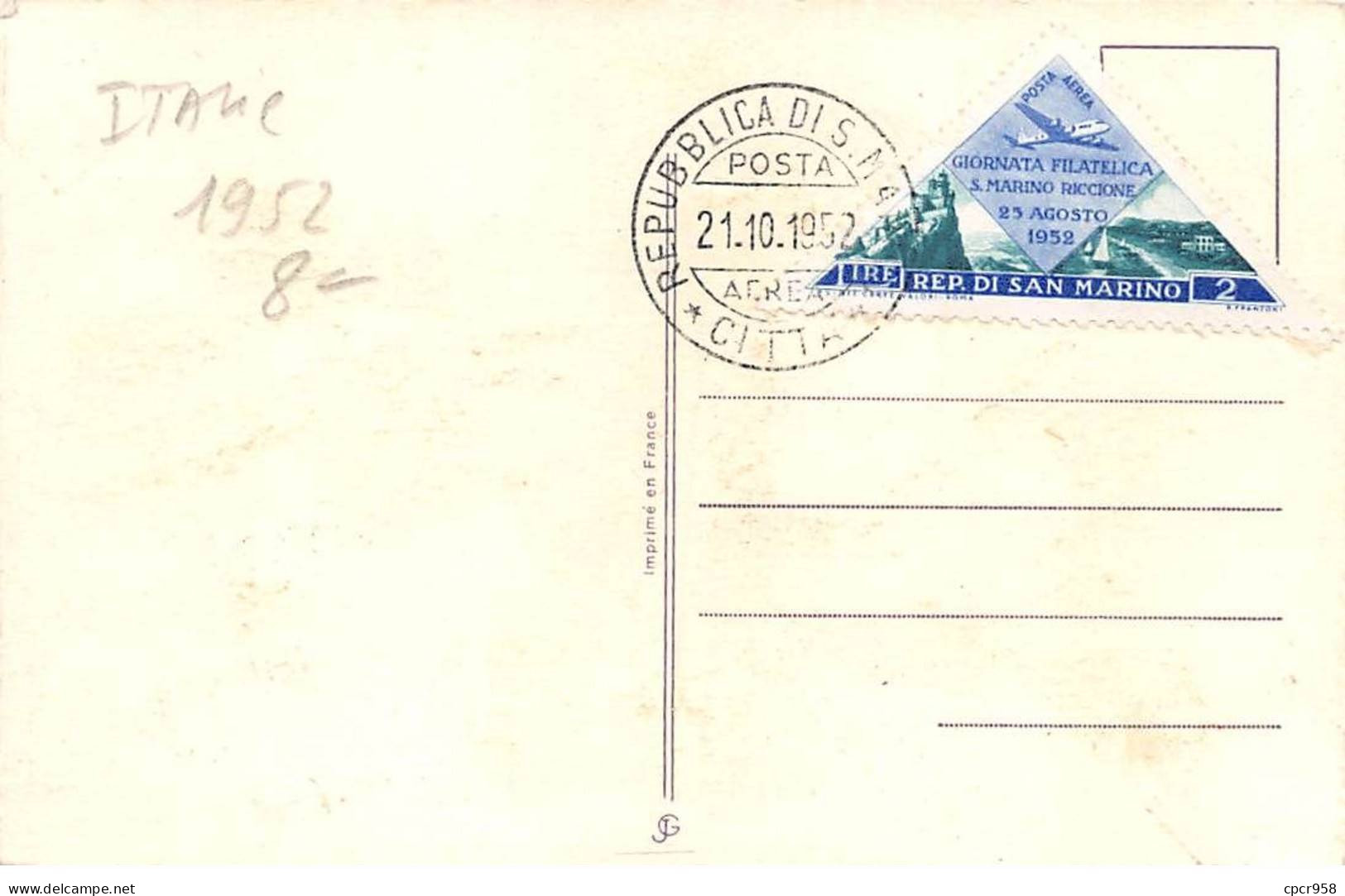 ITALIE.Carte Maximum.AM14098.21/10/1952.Cachet Républica Di San Marino.Rose - Gebraucht