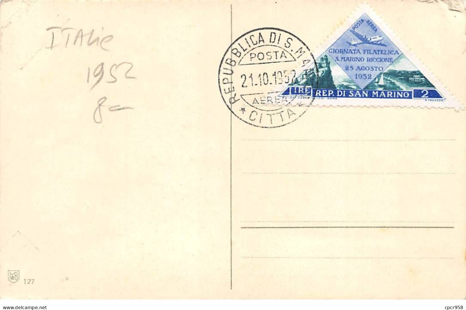 ITALIE.Carte Maximum.AM14097.21/10/1952.Cachet Républica Di San Marino.Rose - Usados