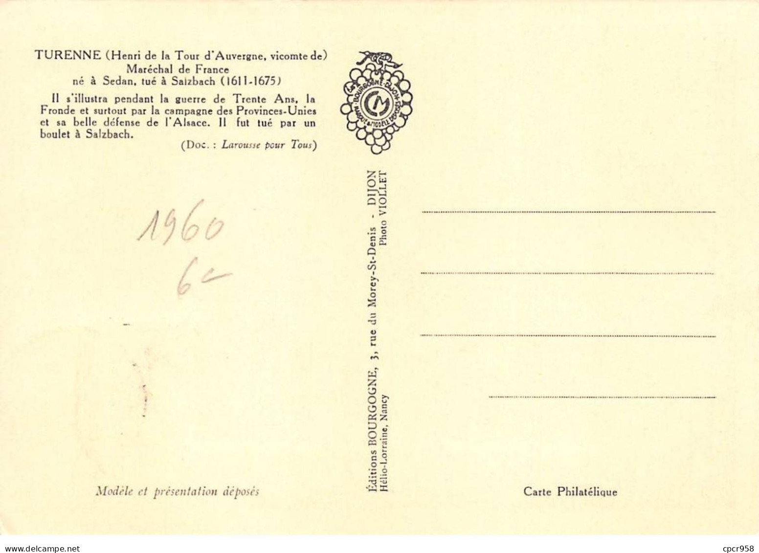 FRANCE.Carte Maximum.AM13864.11/06/1960.Cachet Sedan.Turenne (1611-1675).Maréchal De France.Sedan - 1960-1969