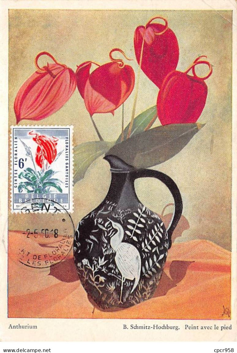BELGIQUE.Carte Maximum.AM14094.1954.Cachet Belgique.Fleur.Peint Avec Le Pied.Anthurium.Schmitz-Hochburg - Usados